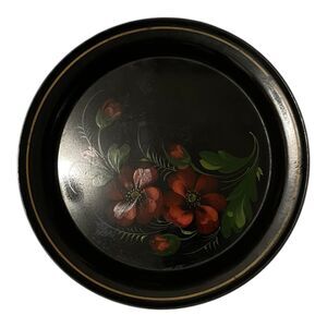 Vintage Russian Soviet-era Red Floral Handpainted Zhostovo style Toleware Plate